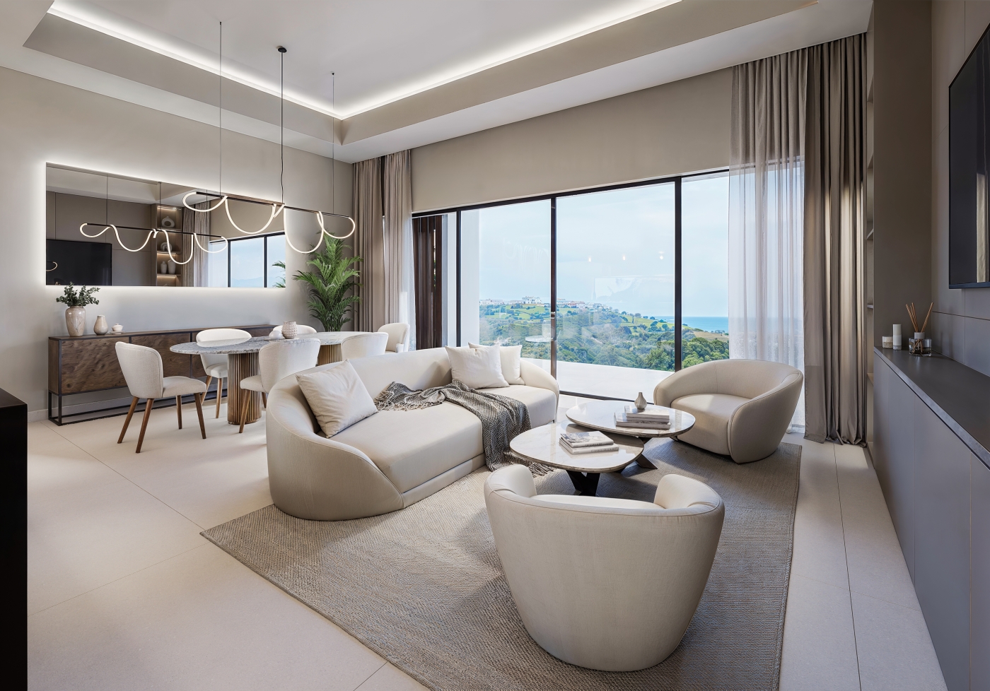 Illustrative living room and dining area