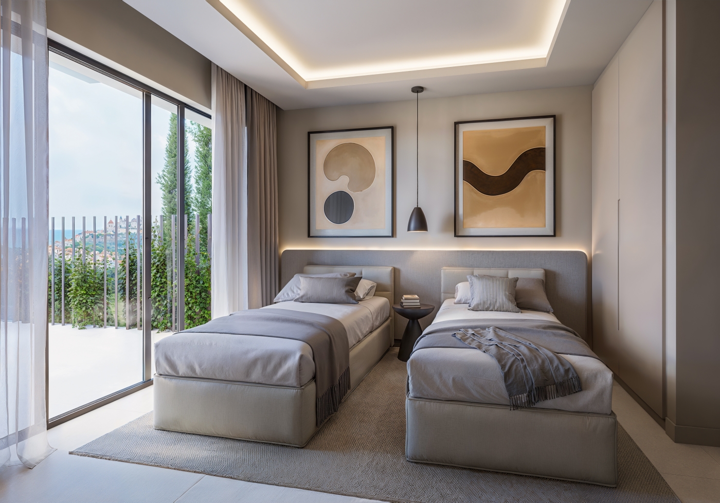 Illustrative twin bedroom