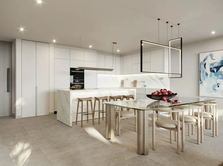 Illustrative contemporary kitchen and dining area in Casares