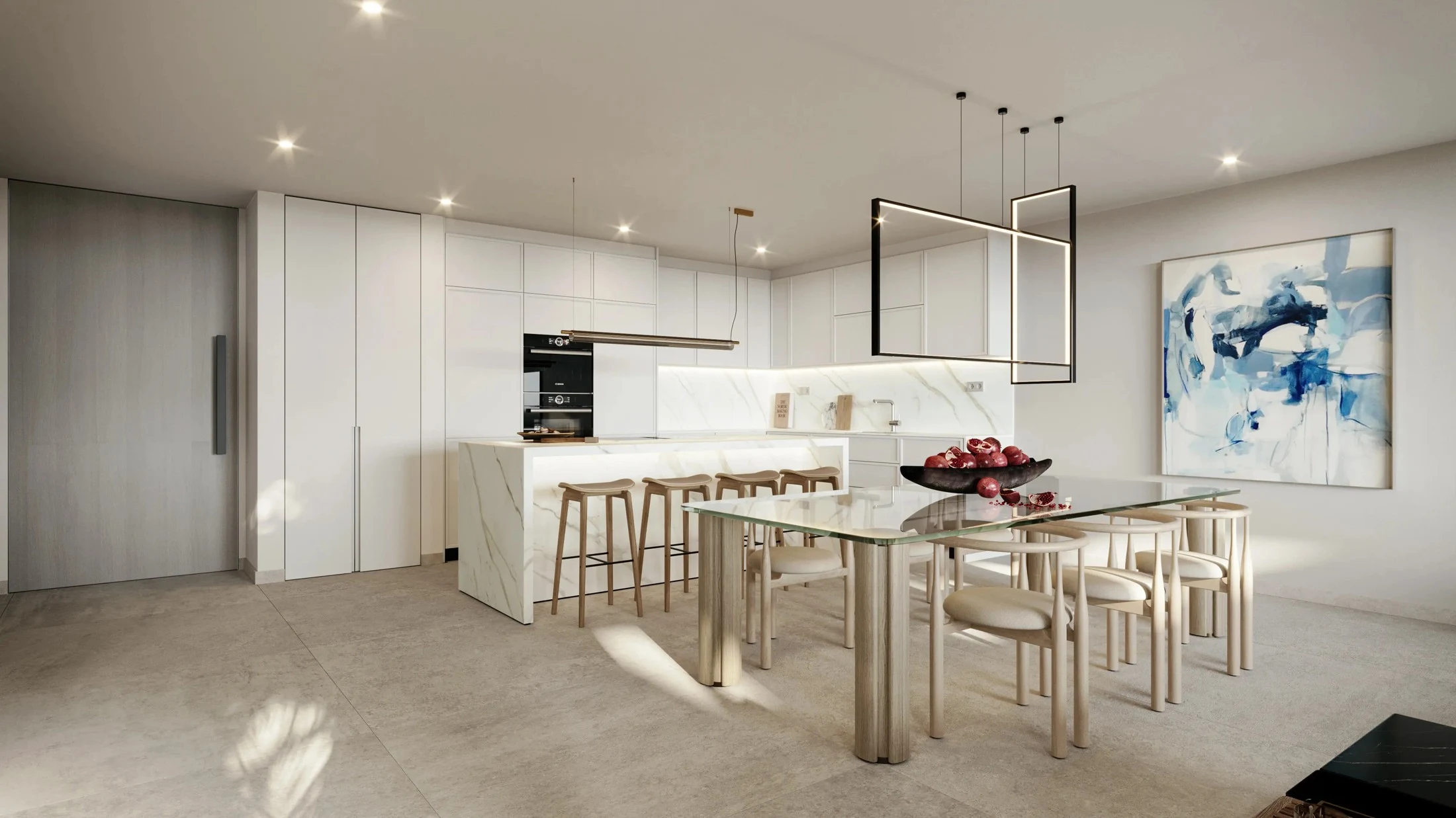 Illustrative contemporary kitchen and dining area in Casares