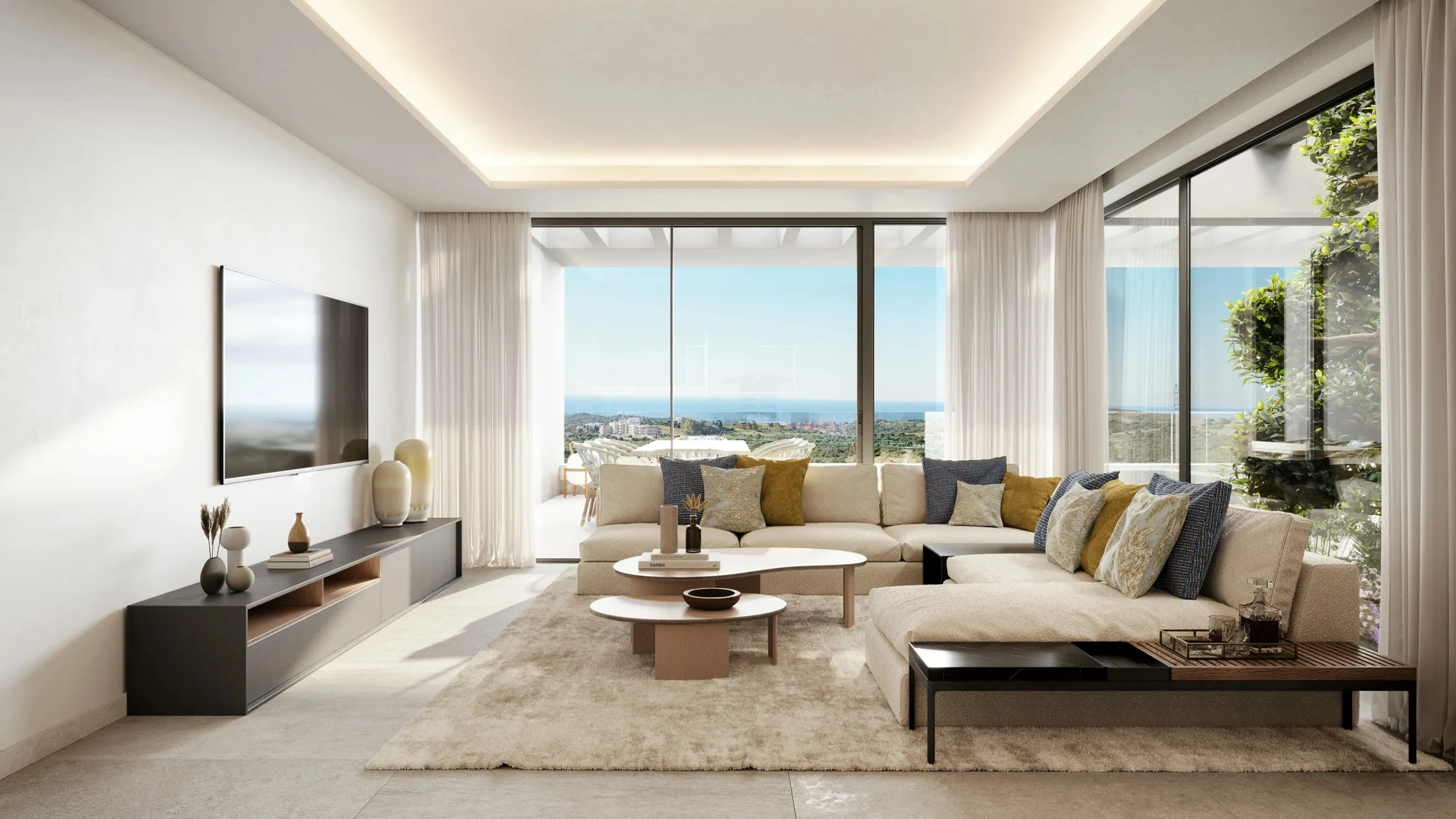 Illustrative living area and terrace at a Casares residence