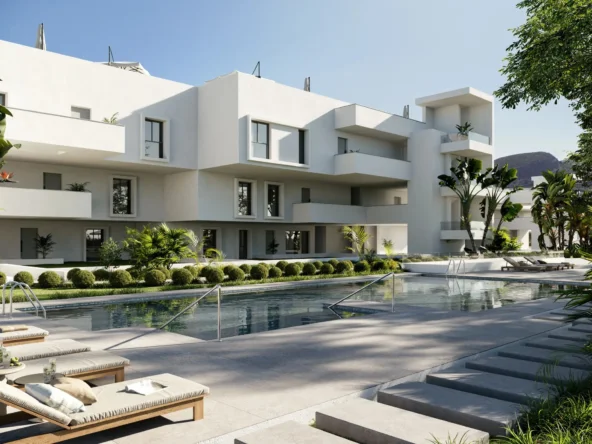 Illustrative shared outdoor pool and landscaped gardens in Casares