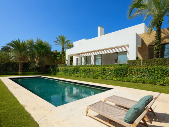 Private swimming pool and landscaped garden at a six-bedroom villa in Casares