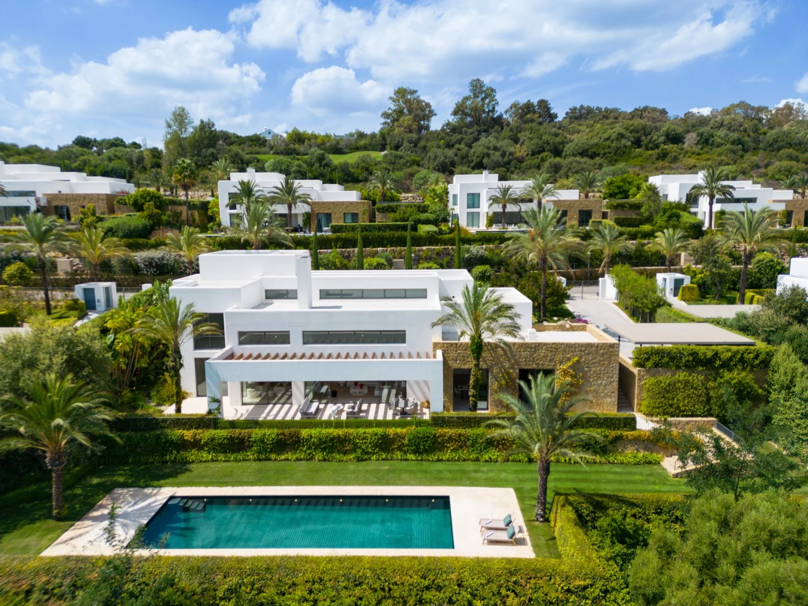 Aerial view of the villa and its private pool in Casares