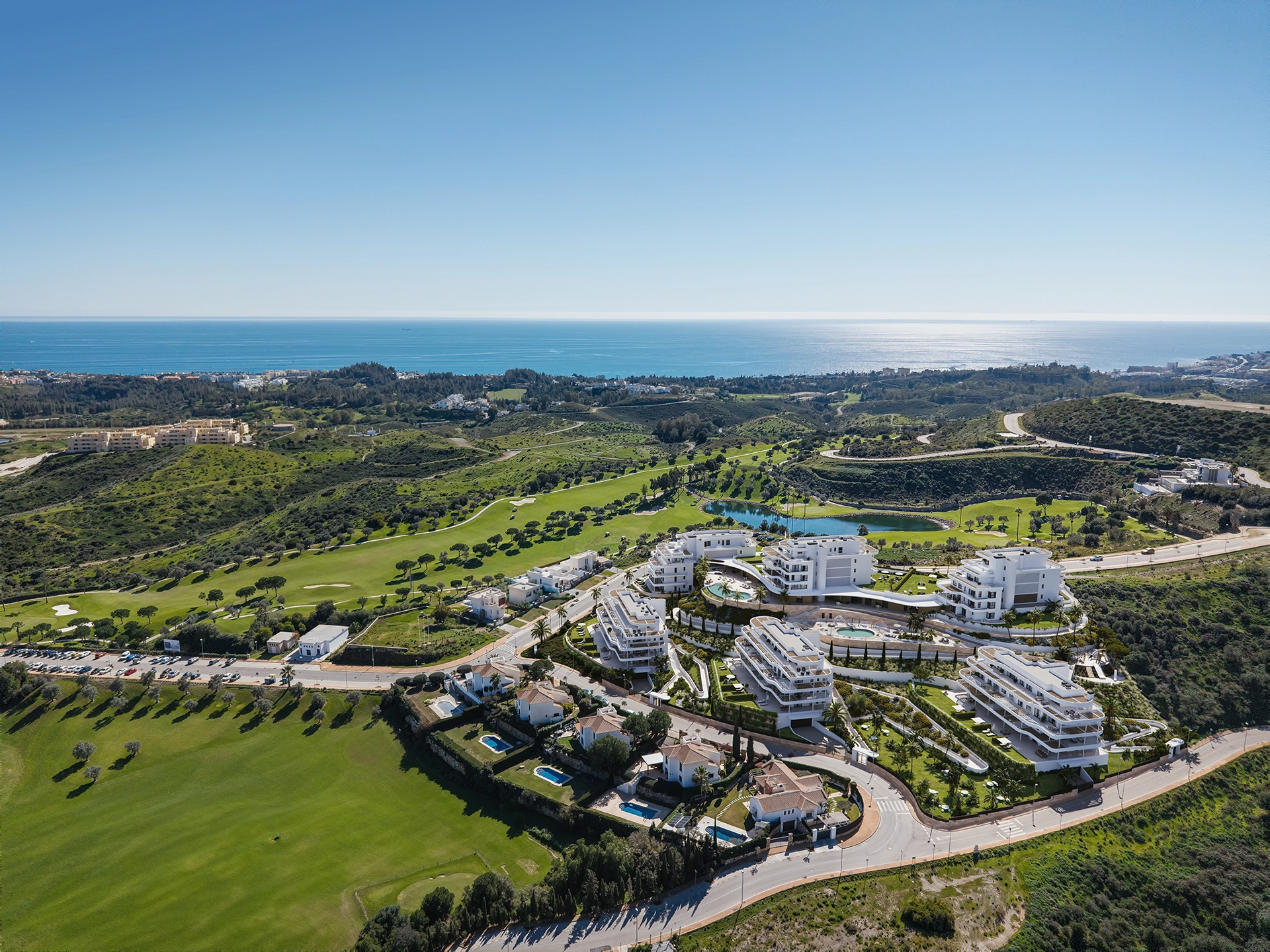 Architectural visualisation of hillside residences beside the golf course in Mijas