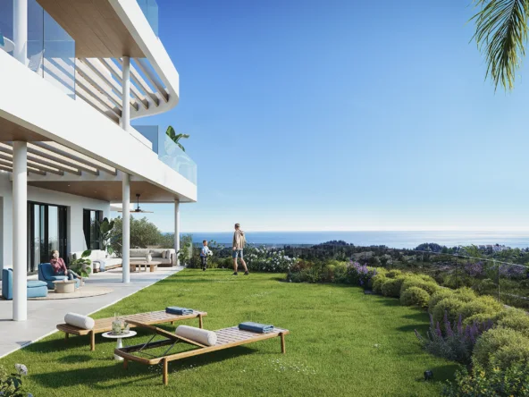 Illustrative garden and terrace beside a contemporary apartment