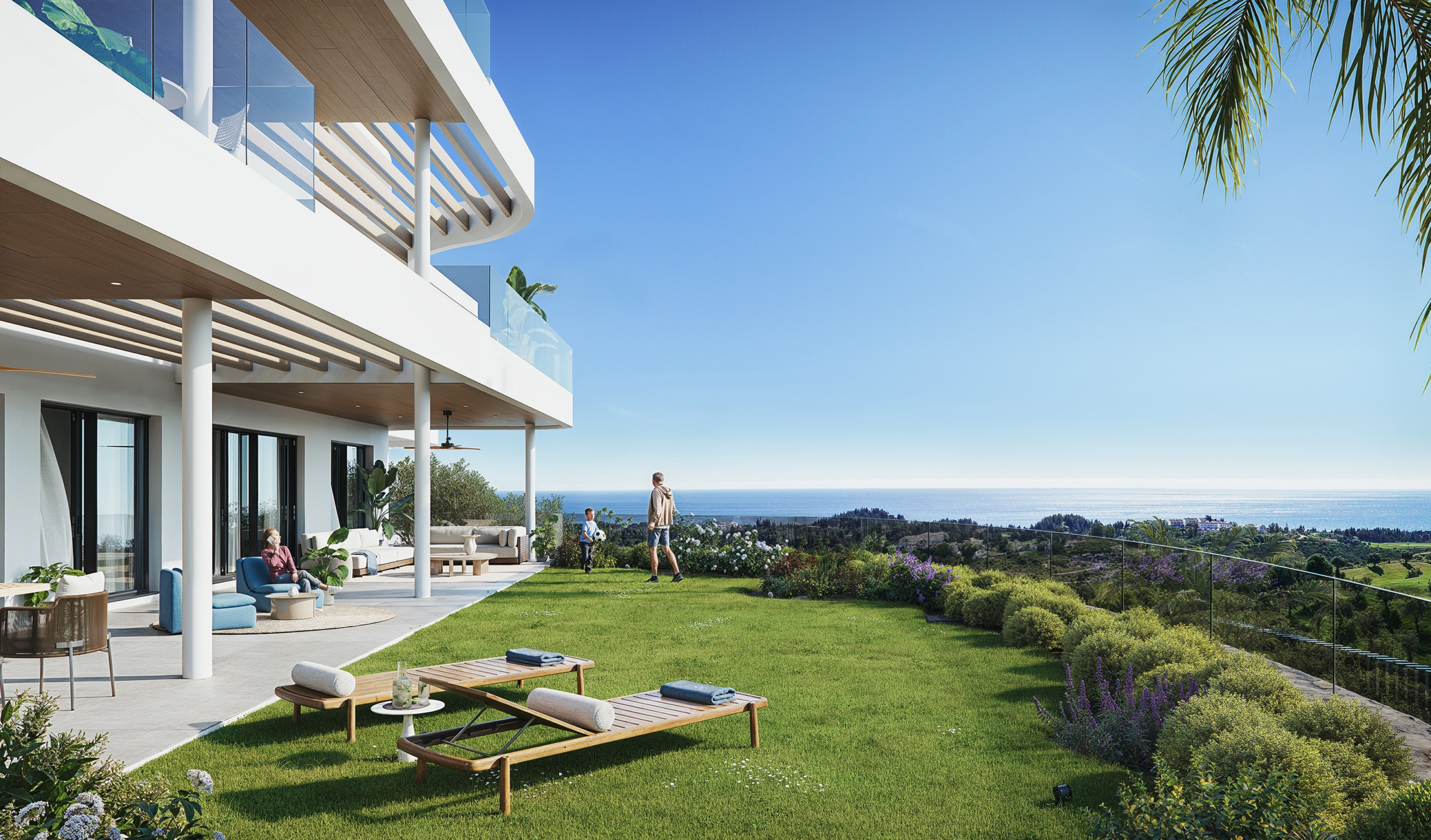 Illustrative garden and terrace beside a contemporary apartment