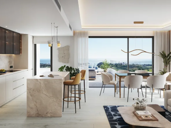 Illustrative open-plan living room and kitchen with terrace doors