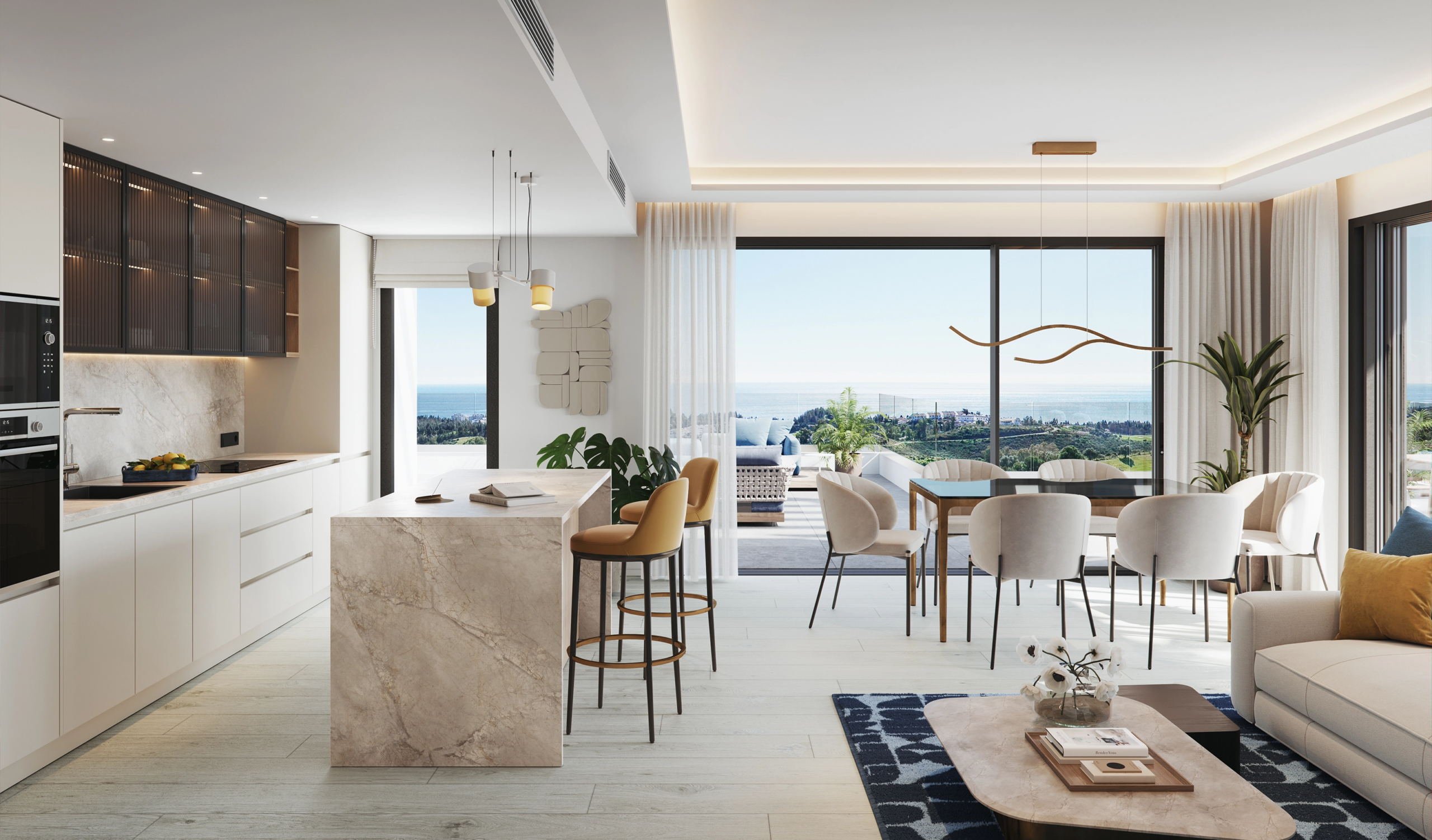 Illustrative open-plan living room and kitchen with terrace doors