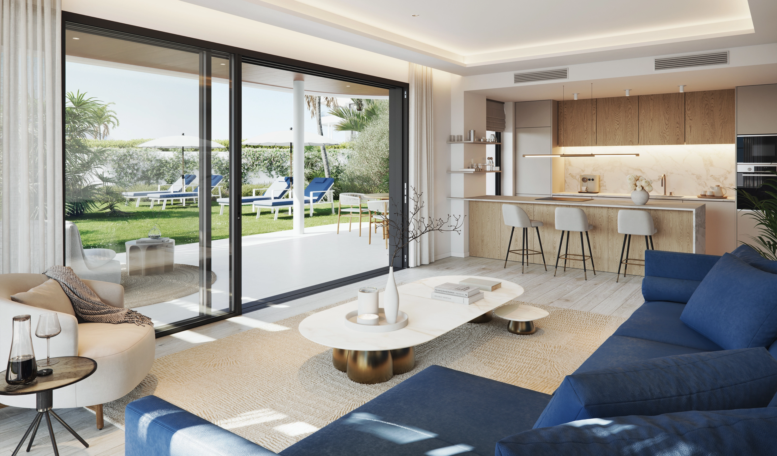 Illustrative living room opening onto a terrace and garden