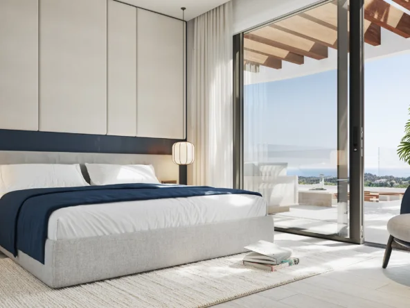 Illustrative bedroom with floor-to-ceiling glazing