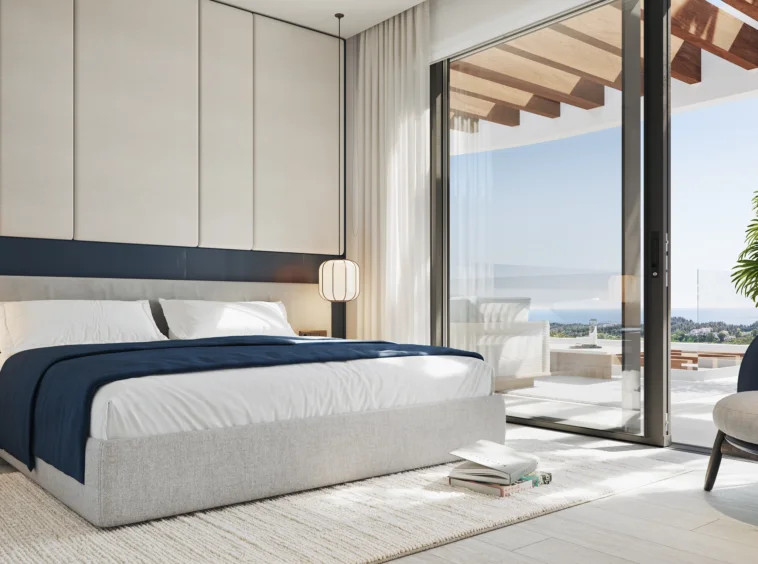 Illustrative bedroom with floor-to-ceiling glazing