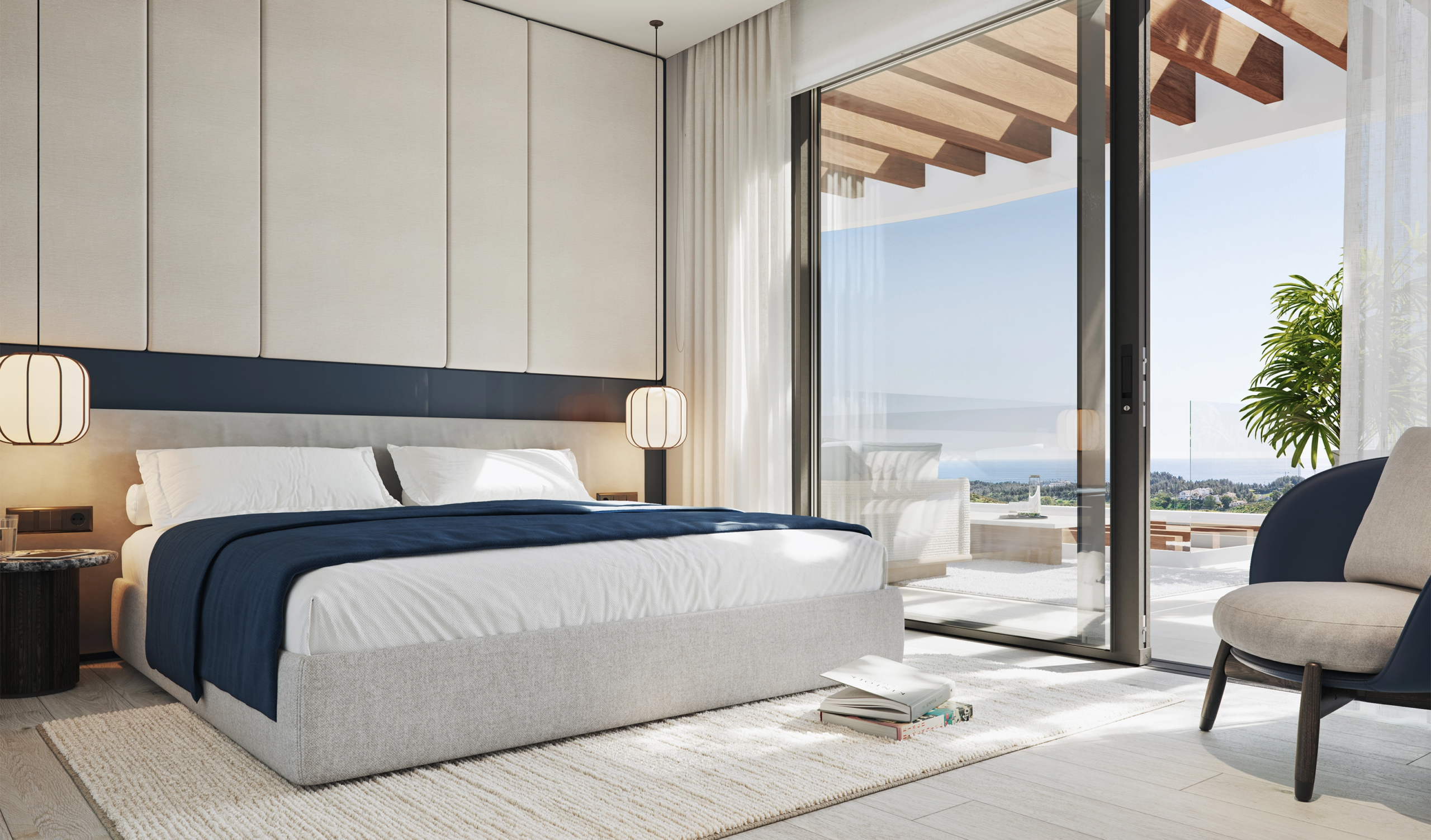 Illustrative bedroom with floor-to-ceiling glazing