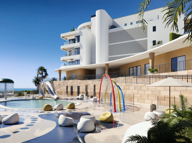 Communal outdoor swimming pool and landscaped terrace
