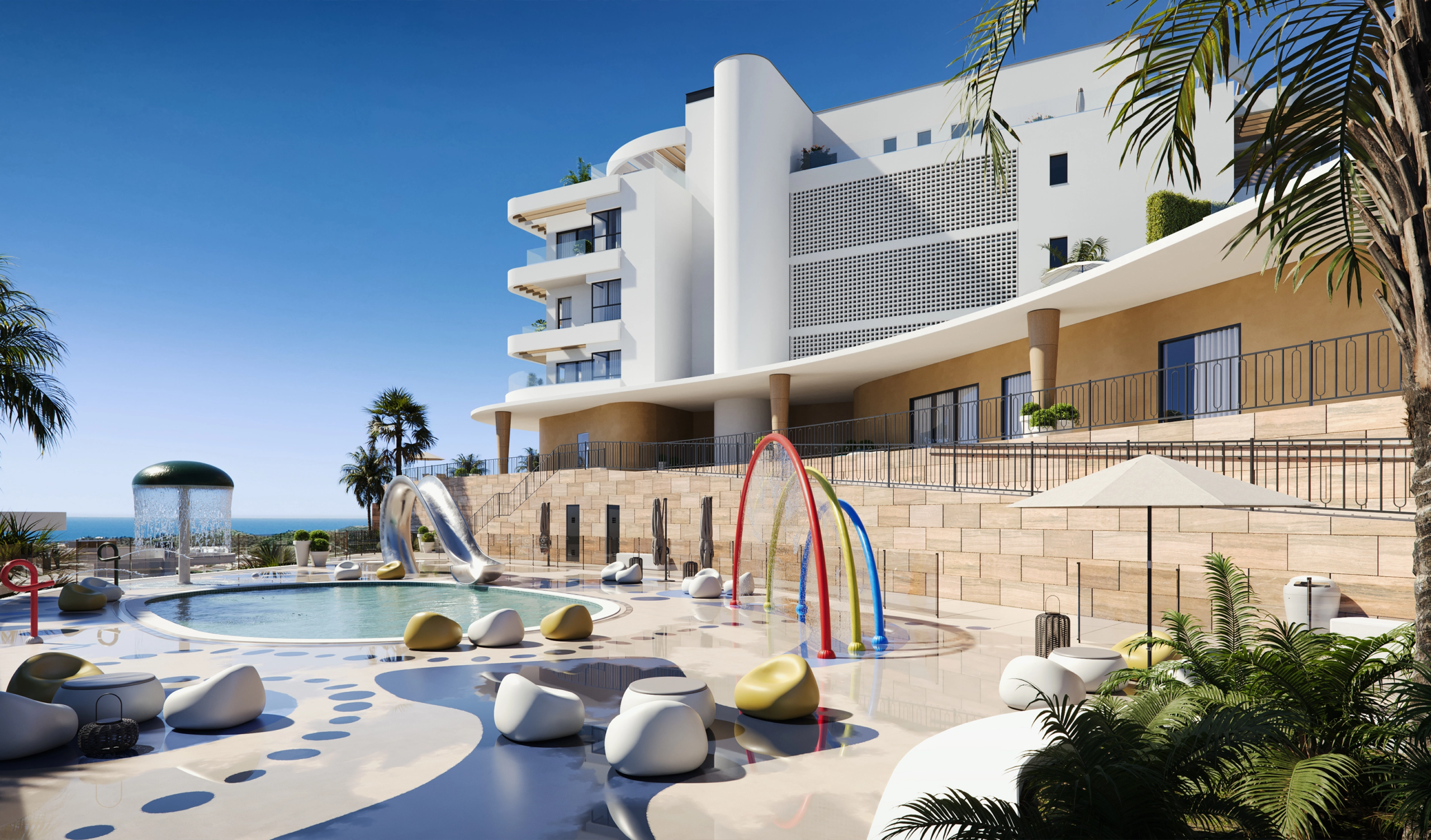 Communal outdoor swimming pool and landscaped terrace