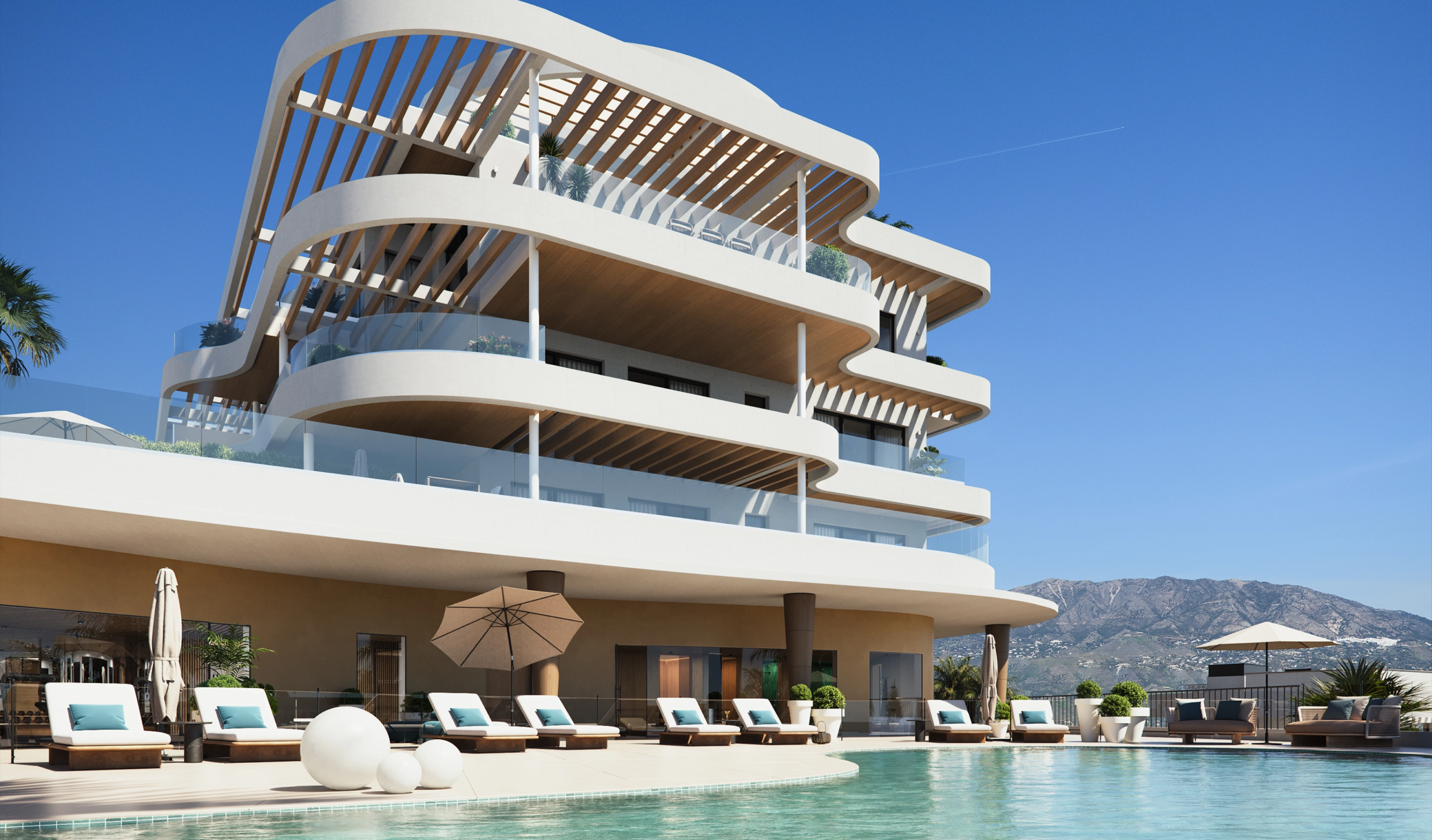 Exterior visualisation of residences with curved terraces
