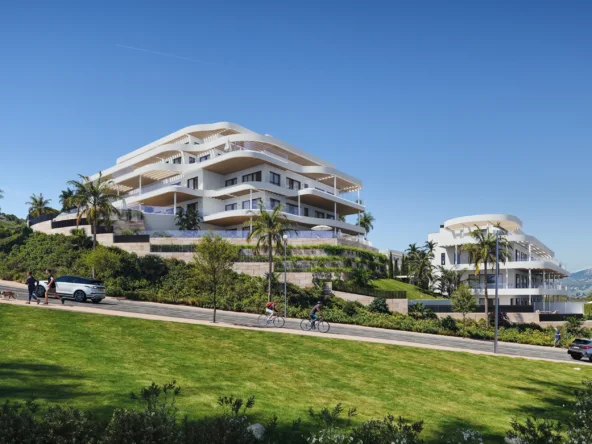 Landscaped grounds and contemporary residential buildings