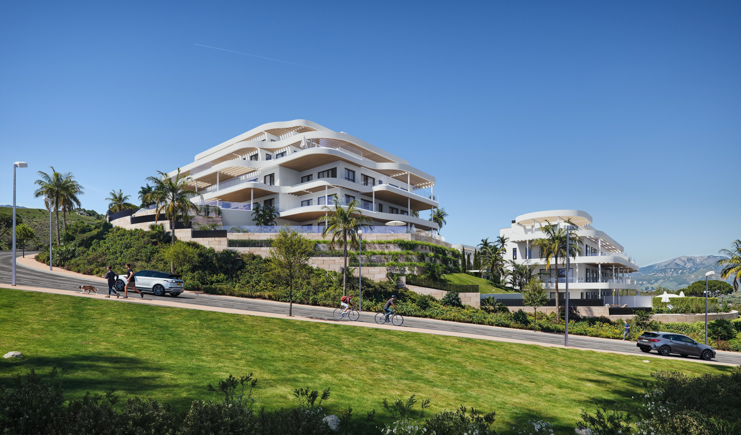 Landscaped grounds and contemporary residential buildings