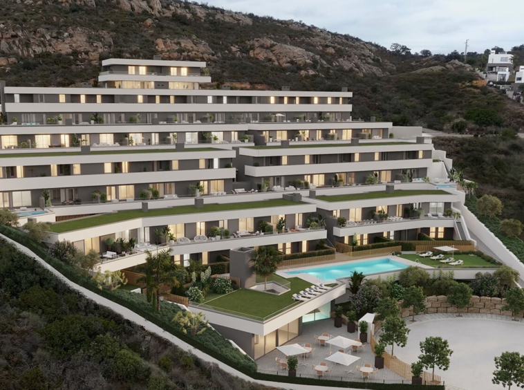 Illustration of contemporary terraced homes on the hillside in Manilva