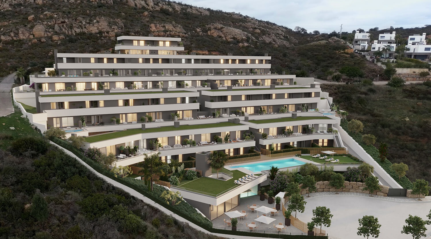 Illustration of contemporary terraced homes on the hillside in Manilva