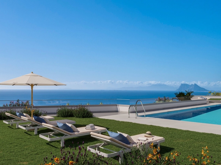 Illustration of the shared outdoor pool and coastal surroundings