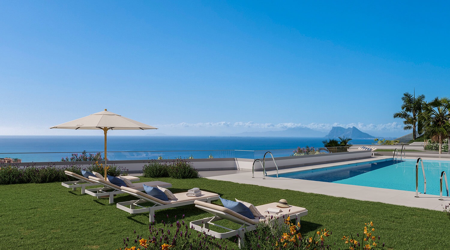 Illustration of the shared outdoor pool and coastal surroundings