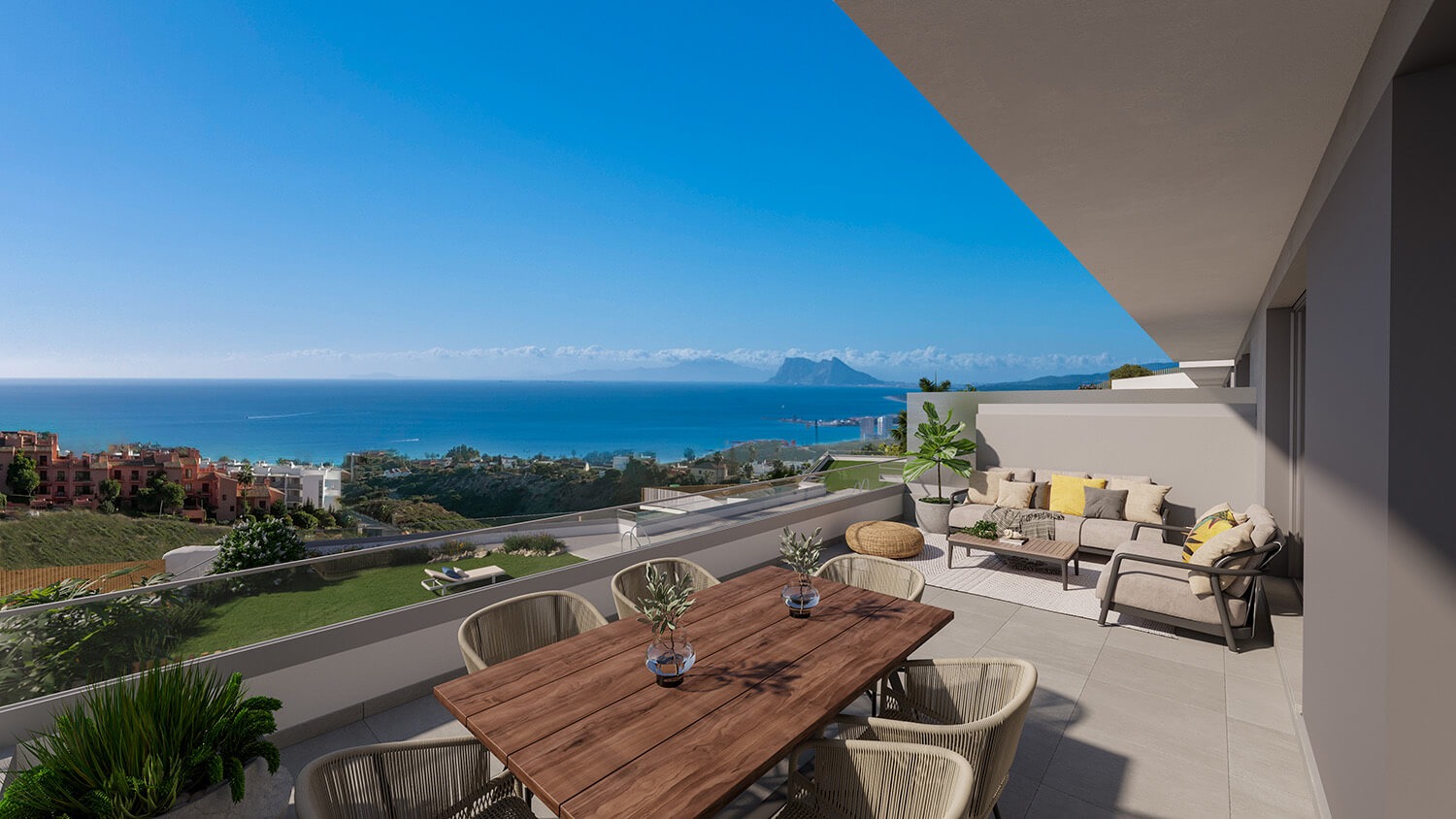 Illustration of a dining terrace overlooking the coast in Manilva