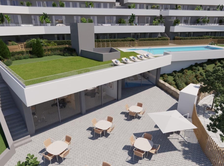Illustration of communal leisure facilities and landscaped grounds