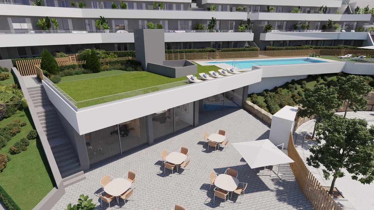 Illustration of communal leisure facilities and landscaped grounds