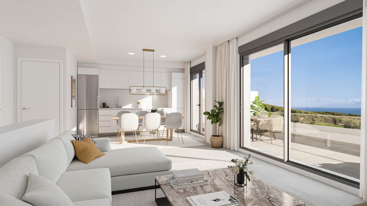Illustration of the fitted kitchen and living room opening onto a terrace