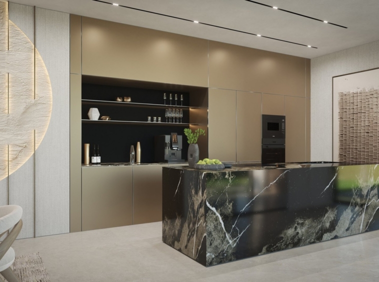 Illustrated contemporary kitchen with central island