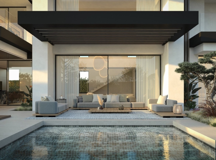 Illustrated pool and covered outdoor lounge