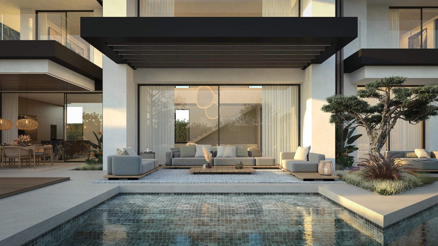 Illustrated pool and covered outdoor lounge
