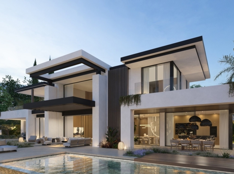 Illustrated villa exterior at sunset