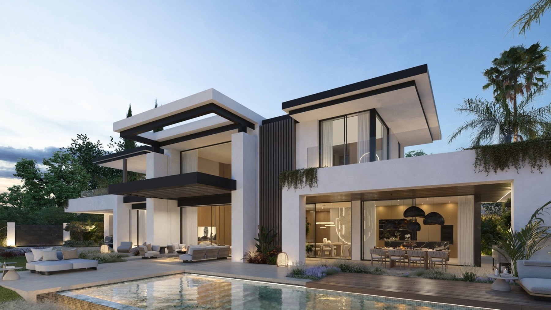 Illustrated villa exterior at sunset