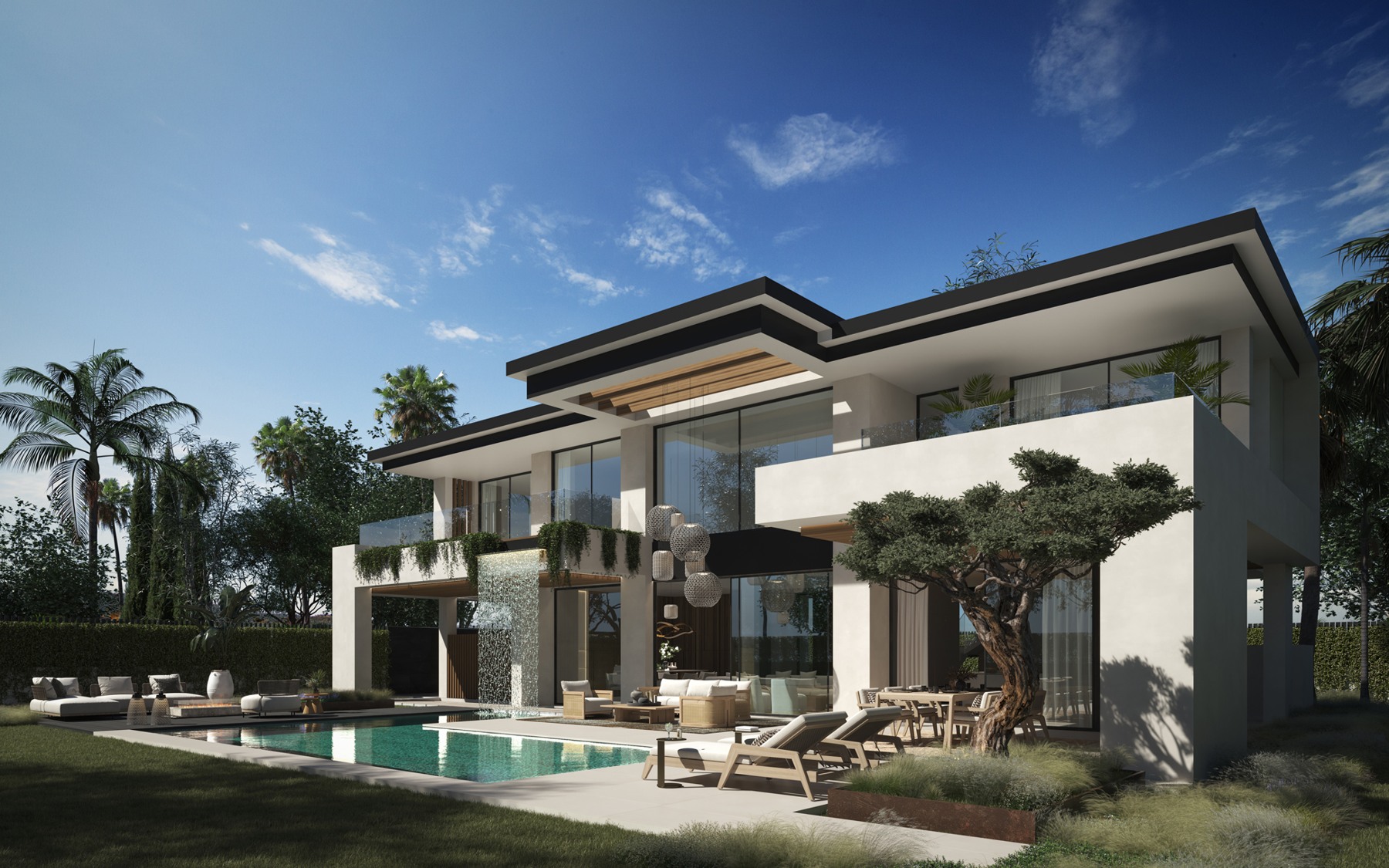 Architectural illustration of a villa with private garden and pool in Cortijo Blanco