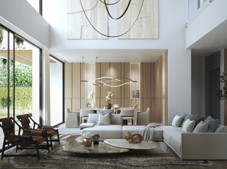 Illustrated living room with double-height windows