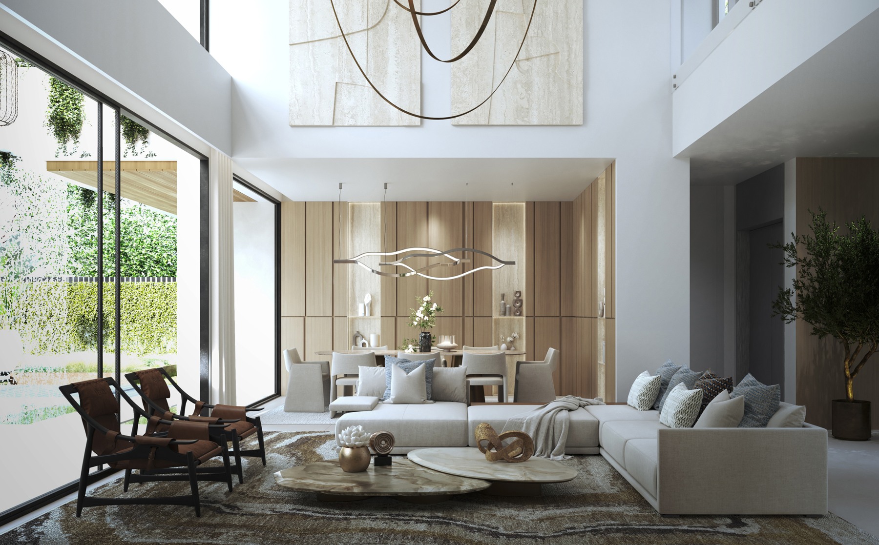 Illustrated living room with double-height windows