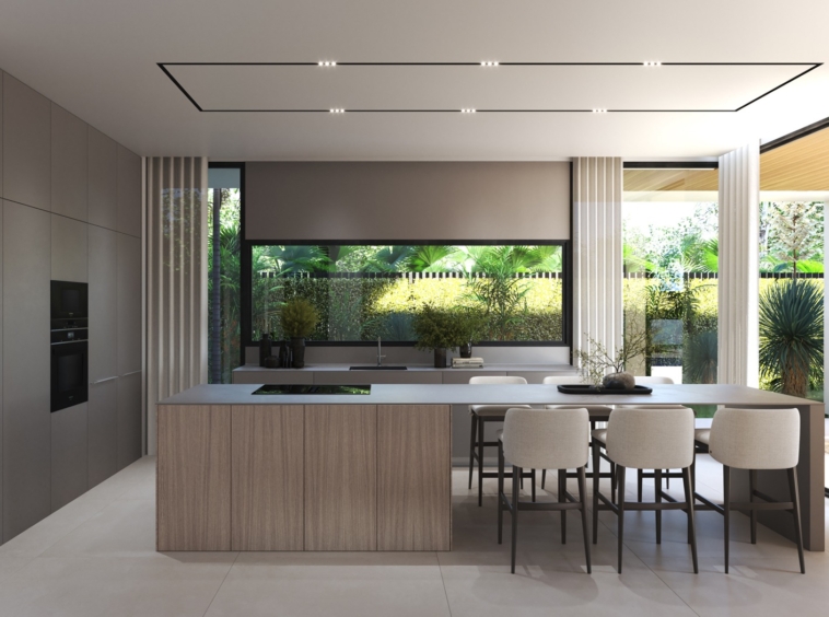 Illustrated fitted kitchen and island