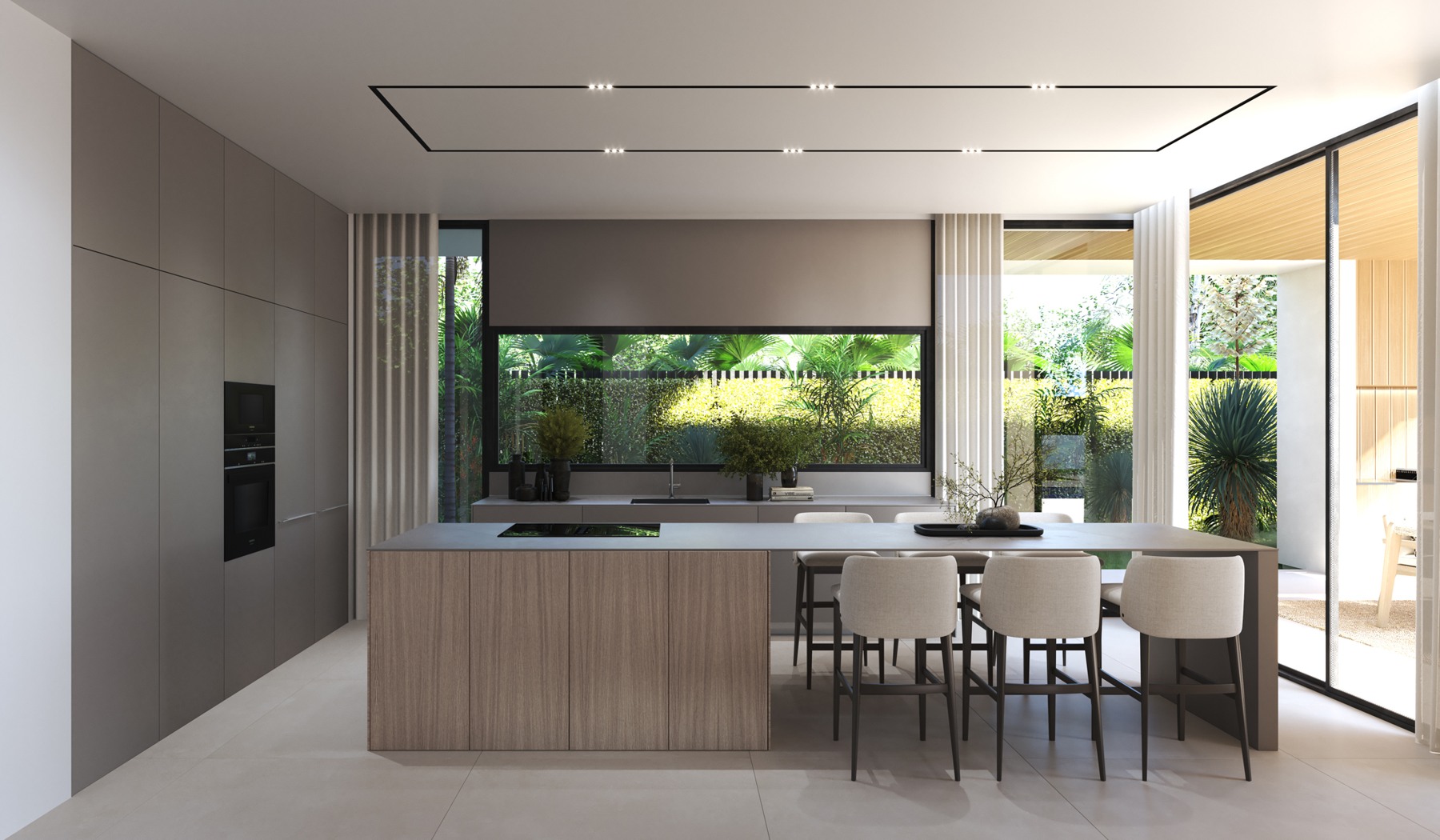 Illustrated fitted kitchen and island