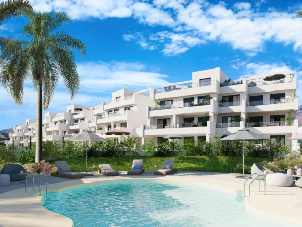 Communal pool and landscaped apartments near Estepona Golf