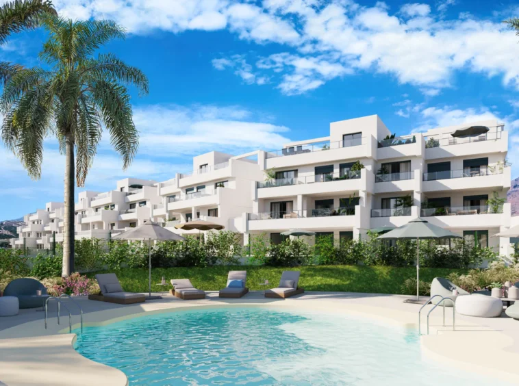 Communal pool and landscaped apartments near Estepona Golf