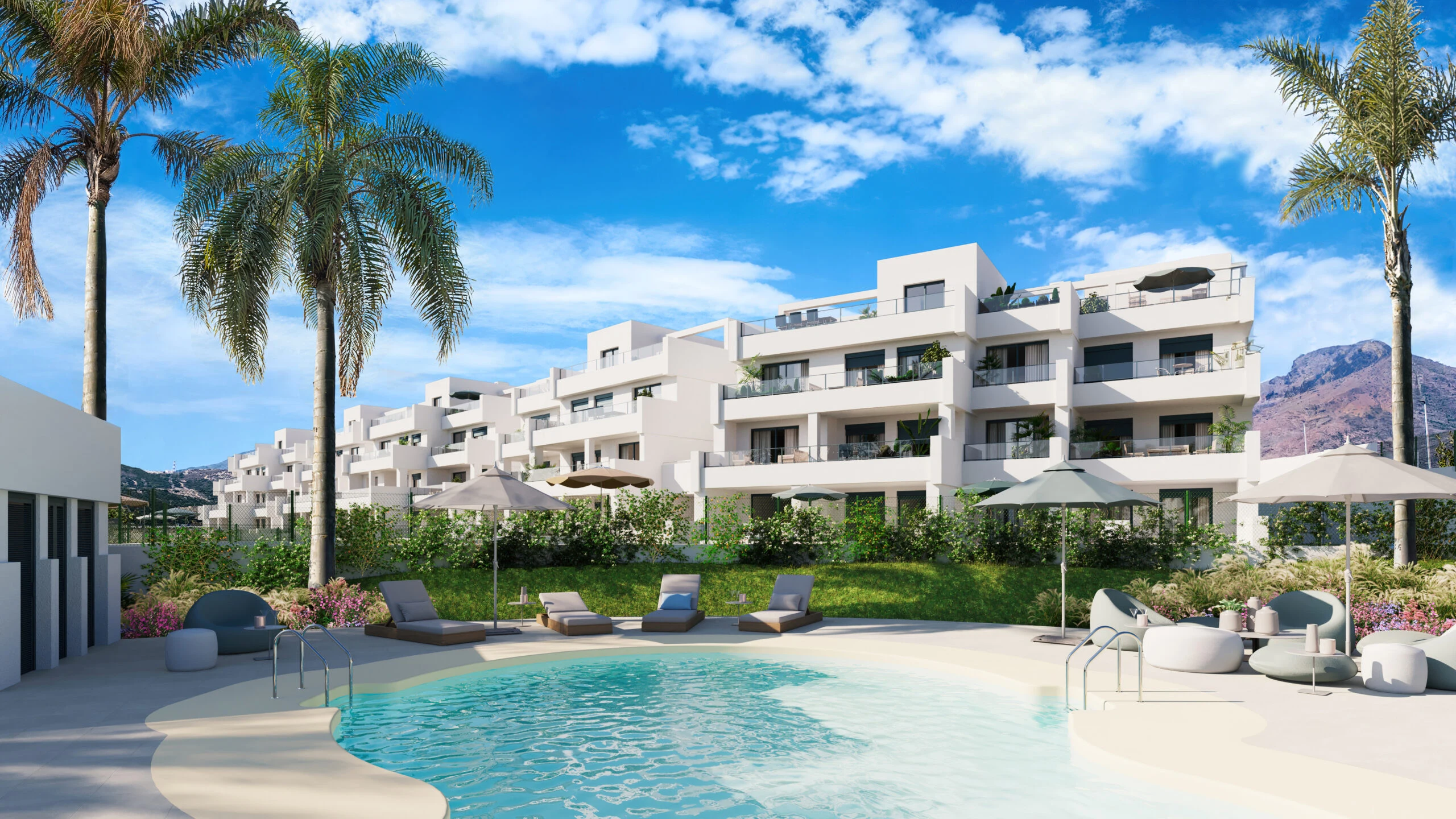 Communal pool and landscaped apartments near Estepona Golf