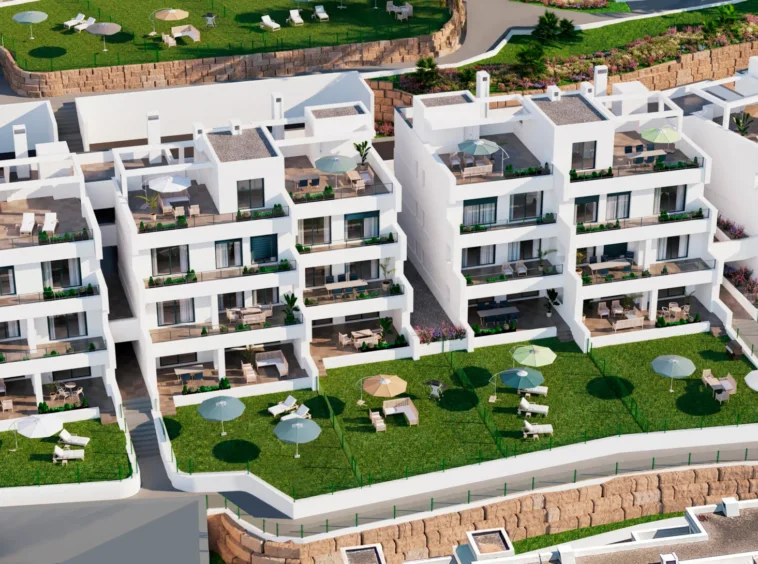 Aerial visualisation of apartments and garden spaces