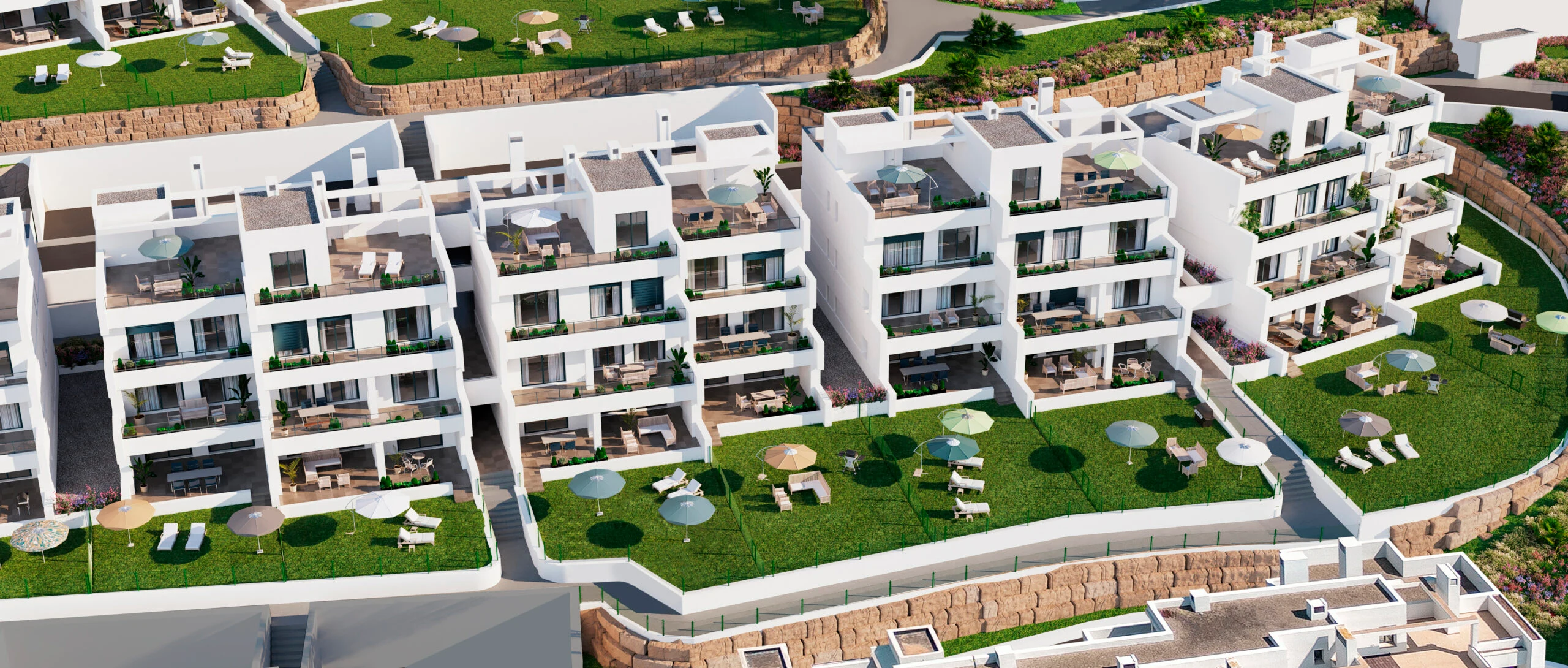 Aerial visualisation of apartments and garden spaces