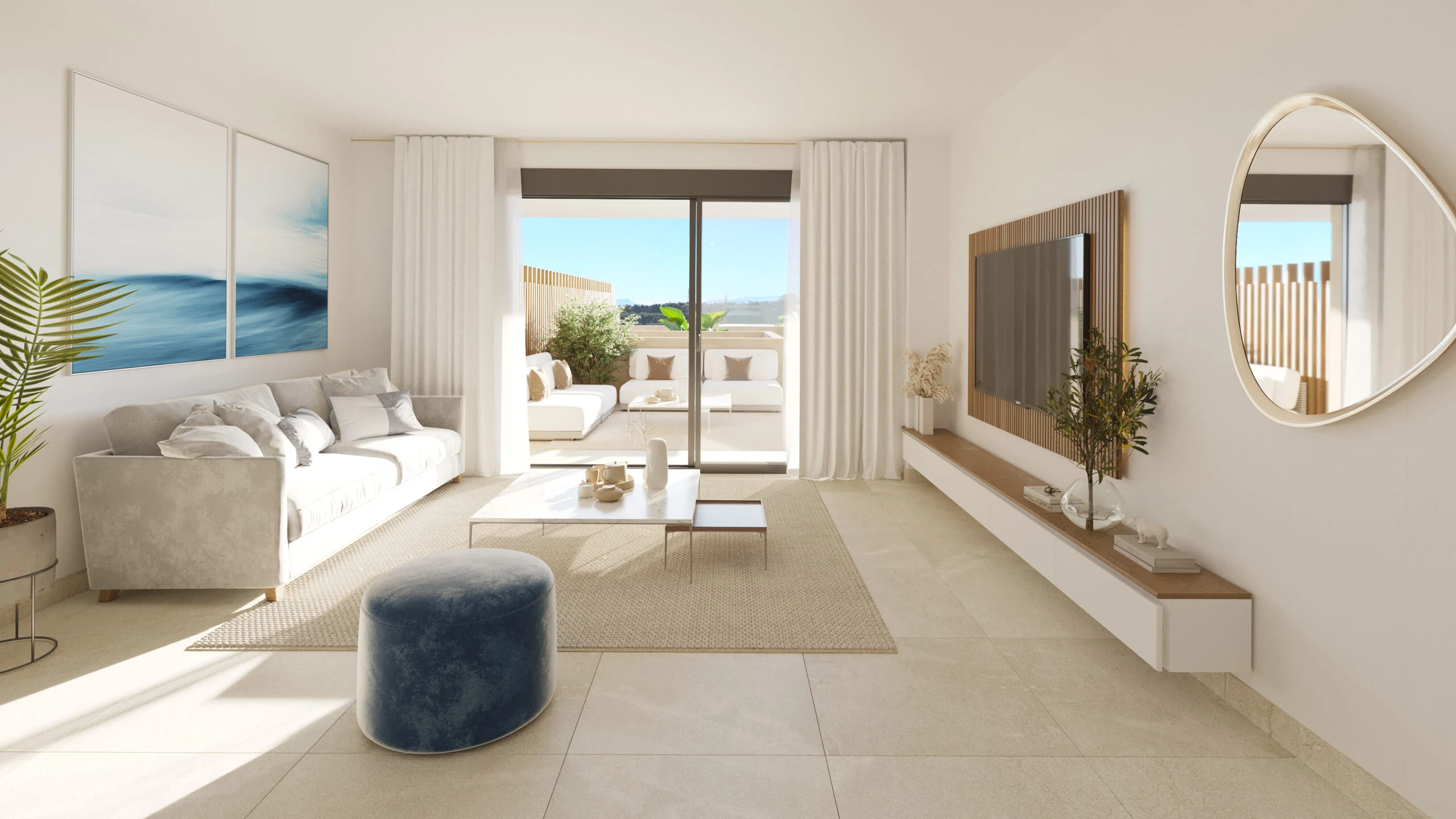 Illustrative living room opening to outdoor space