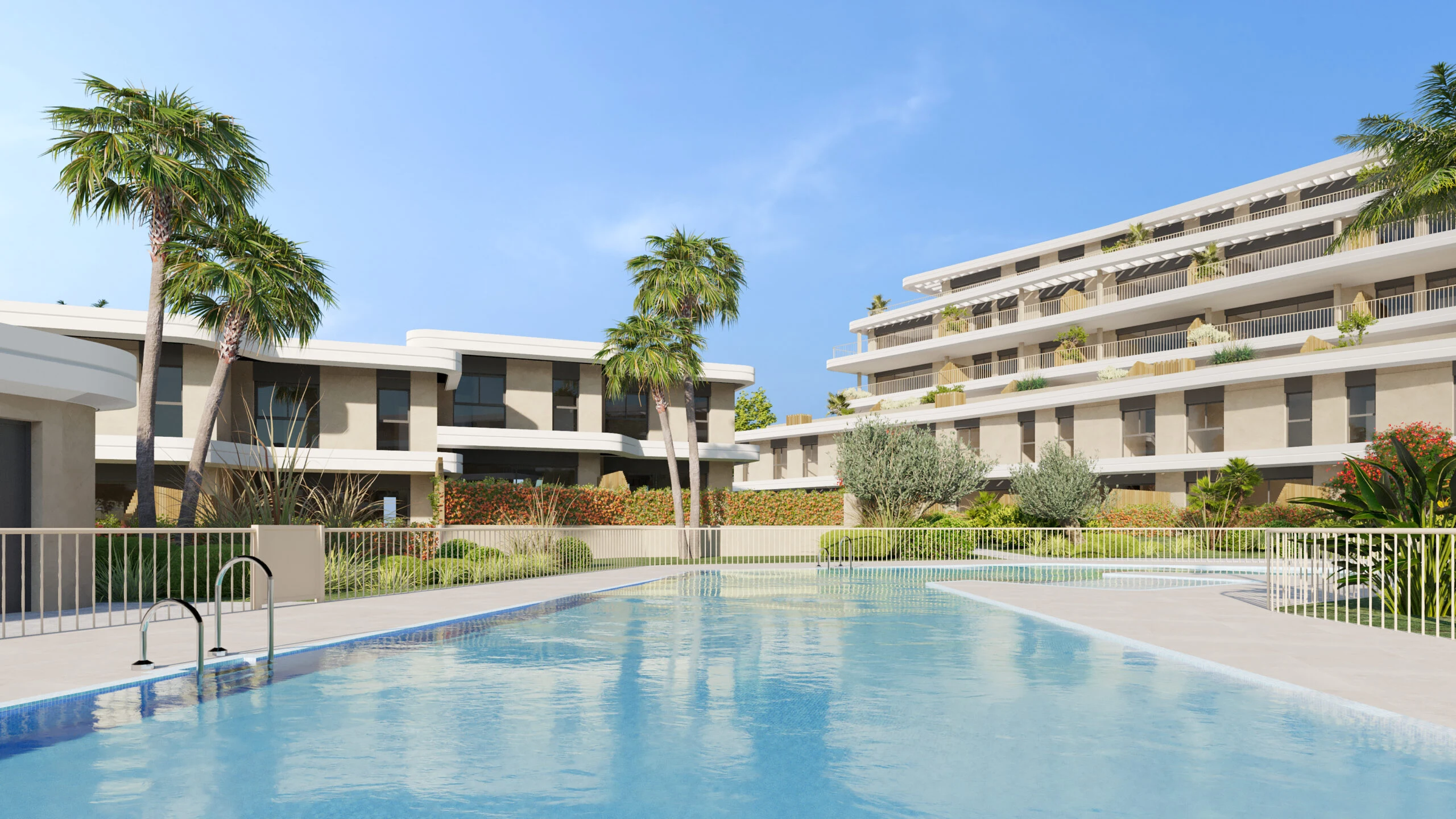 Communal swimming pool and landscaped residence