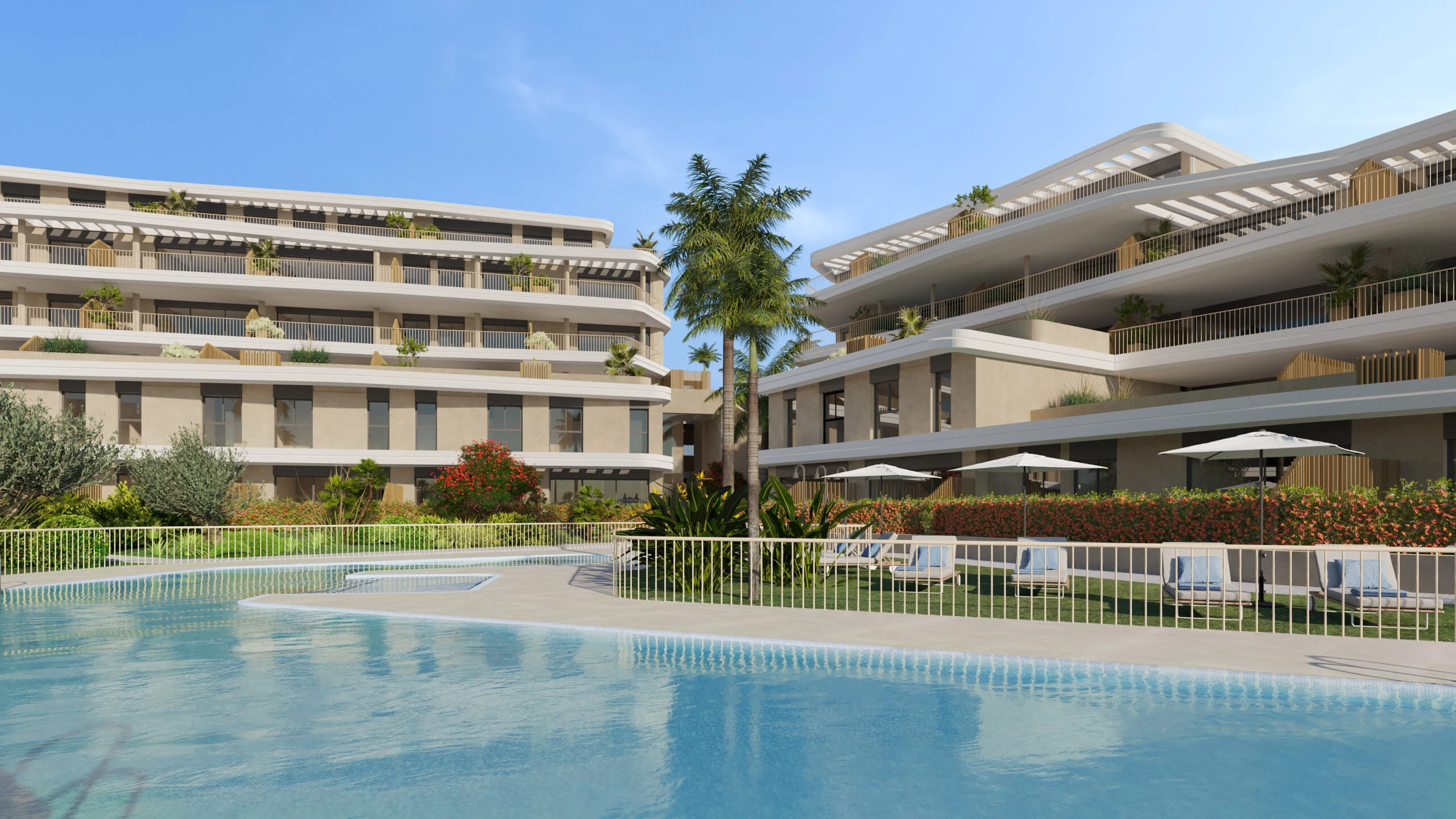 Communal pool surrounded by terraced apartment buildings