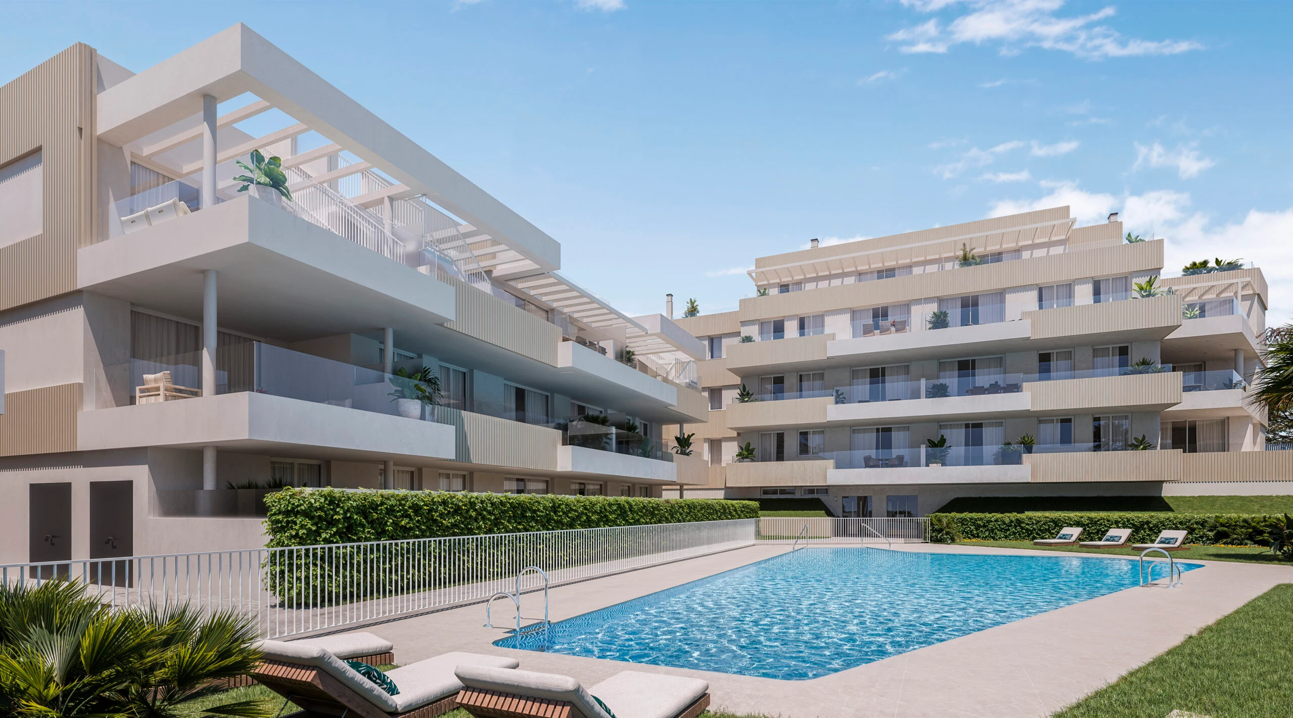 Communal swimming pool and apartments in Estepona