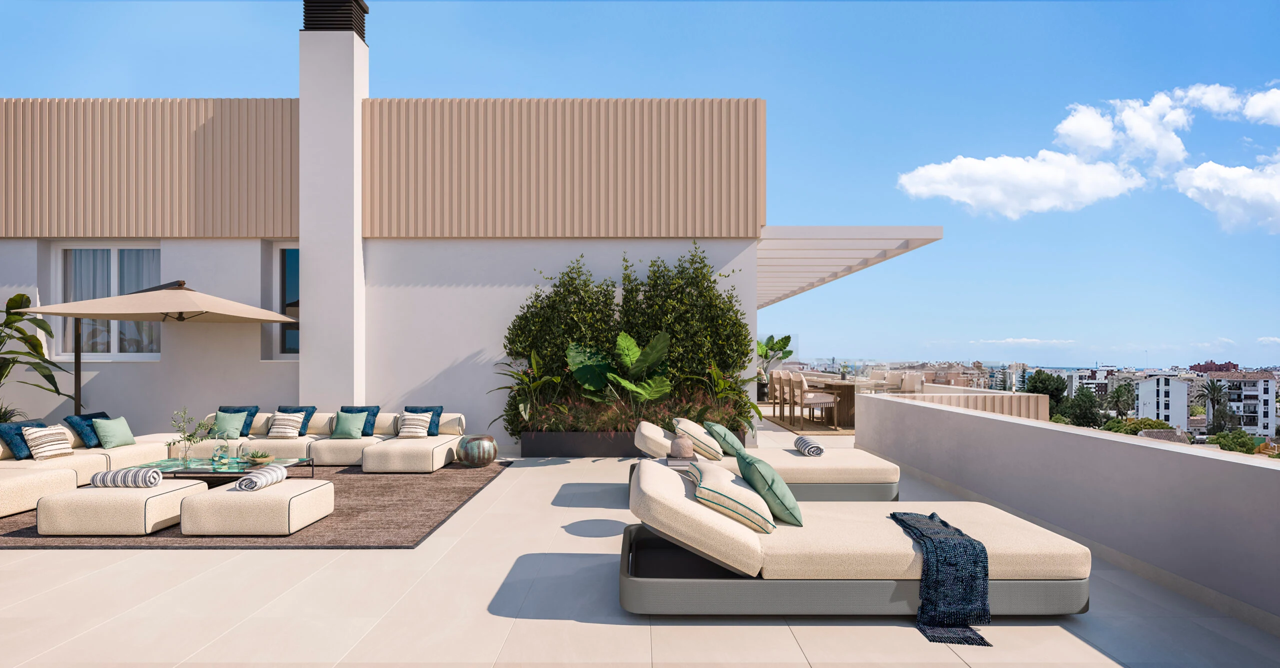 Illustrative rooftop terrace with lounge and dining space